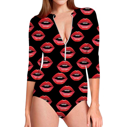 Women's Lips Pattern Print Long Sleeve Swimsuit