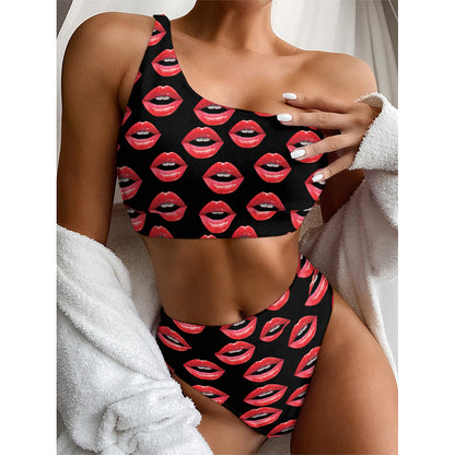 Women's Lips Pattern Print One Shoulder Bikini Top