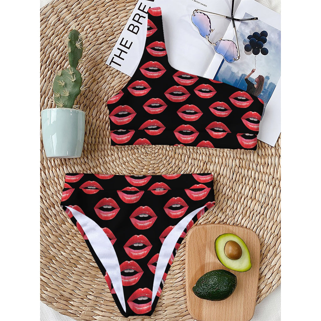 Women's Lips Pattern Print One Shoulder Bikini Top