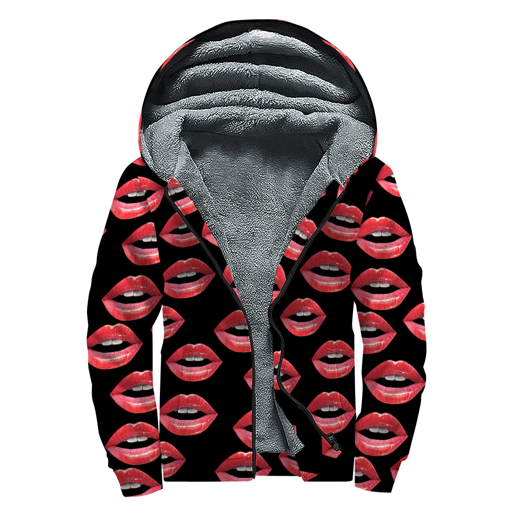 Women's Lips Pattern Print Sherpa Lined Zip Up Hoodie