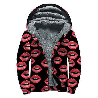 Women's Lips Pattern Print Sherpa Lined Zip Up Hoodie