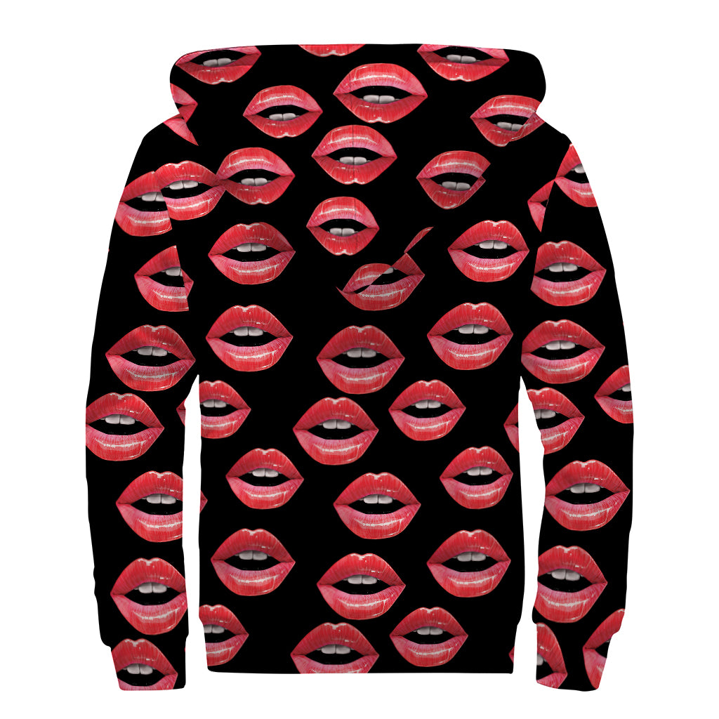 Women's Lips Pattern Print Sherpa Lined Zip Up Hoodie