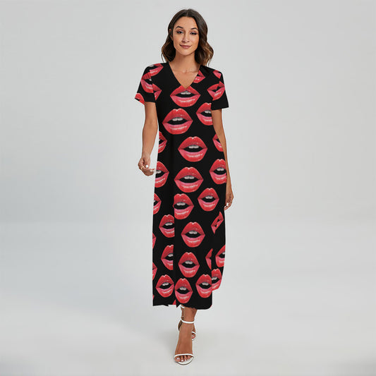 Women's Lips Pattern Print Short Sleeve Maxi Dress