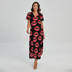 Women's Lips Pattern Print Short Sleeve Maxi Dress