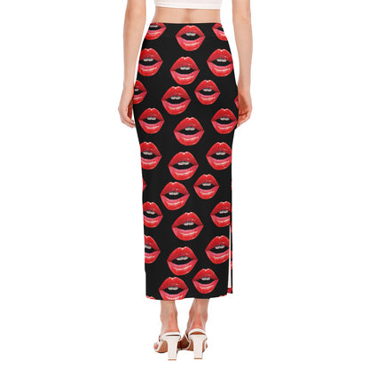 Women's Lips Pattern Print Side Slit Maxi Skirt