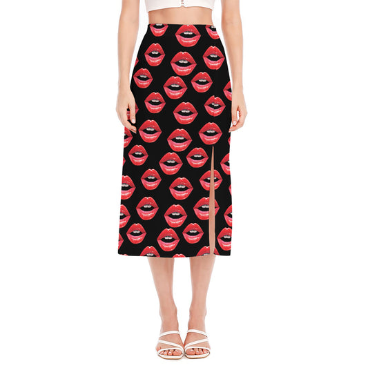Women's Lips Pattern Print Side Slit Midi Skirt