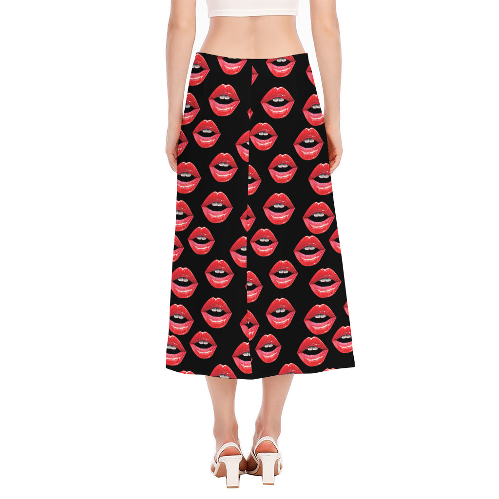 Women's Lips Pattern Print Side Slit Midi Skirt