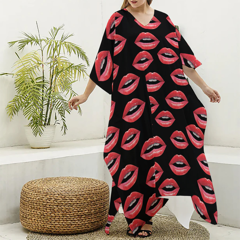 Women's Lips Pattern Print Silk V-Neck Kaftan Dress