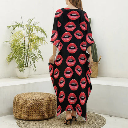 Women's Lips Pattern Print Silk V-Neck Kaftan Dress