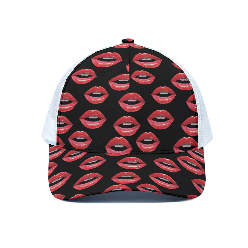 Women's Lips Pattern Print White Mesh Trucker Cap