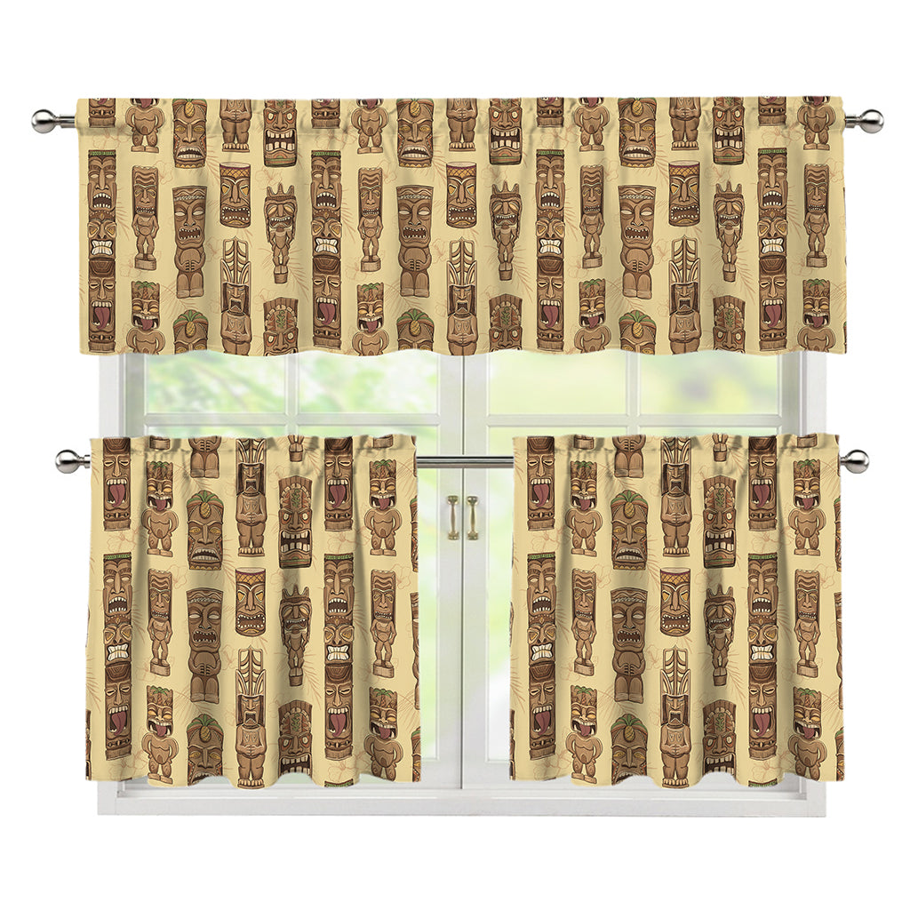 Wooden Tiki Pattern Print 3 Piece Kitchen Curtains