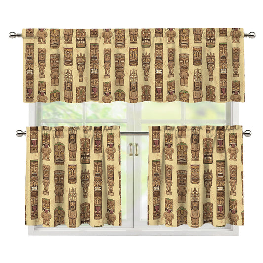 Wooden Tiki Pattern Print 3 Piece Kitchen Curtains