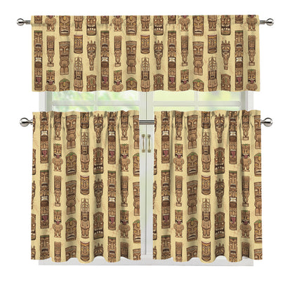 Wooden Tiki Pattern Print 3 Piece Kitchen Curtains