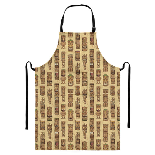 Wooden Tiki Pattern Print Bib Apron With Pocket
