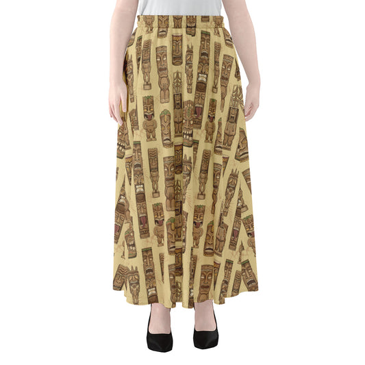 Wooden Tiki Pattern Print Chiffon Maxi Skirt