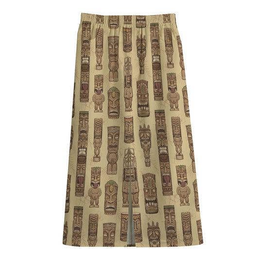 Wooden Tiki Pattern Print Cotton Front Slit Maxi Skirt