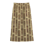 Wooden Tiki Pattern Print Cotton Front Slit Maxi Skirt