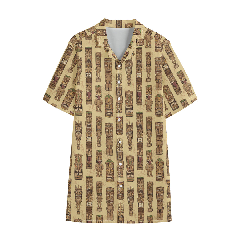 Wooden Tiki Pattern Print Cotton Hawaiian Shirt