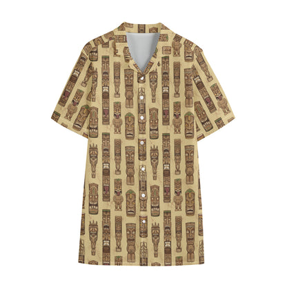 Wooden Tiki Pattern Print Cotton Hawaiian Shirt