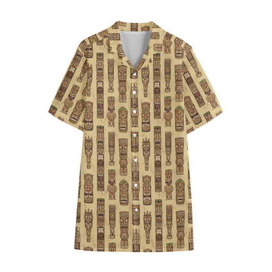 Wooden Tiki Pattern Print Cotton Hawaiian Shirt