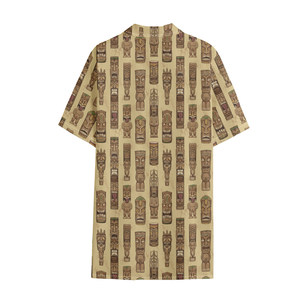 Wooden Tiki Pattern Print Cotton Hawaiian Shirt