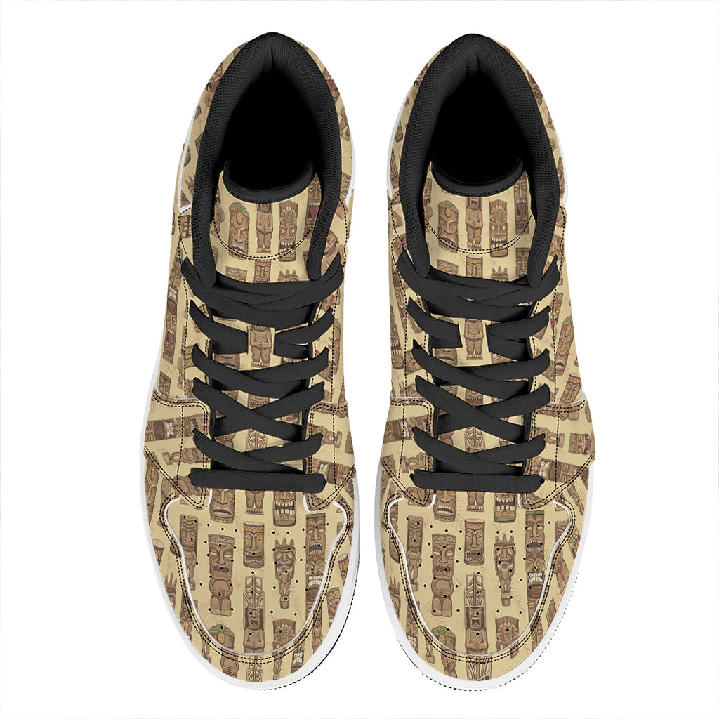 Wooden Tiki Pattern Print High Top Leather Sneakers