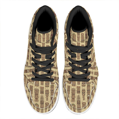 Wooden Tiki Pattern Print High Top Leather Sneakers