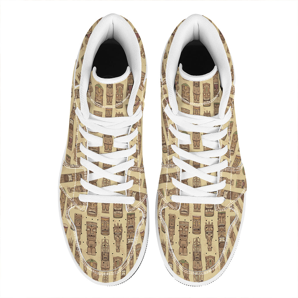 Wooden Tiki Pattern Print High Top Leather Sneakers