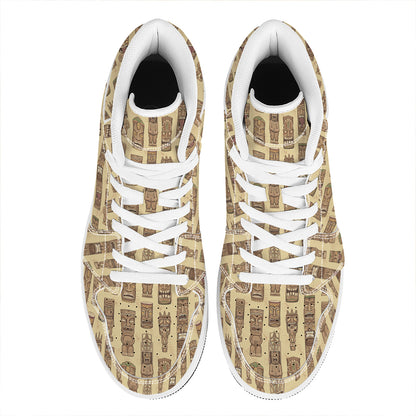 Wooden Tiki Pattern Print High Top Leather Sneakers