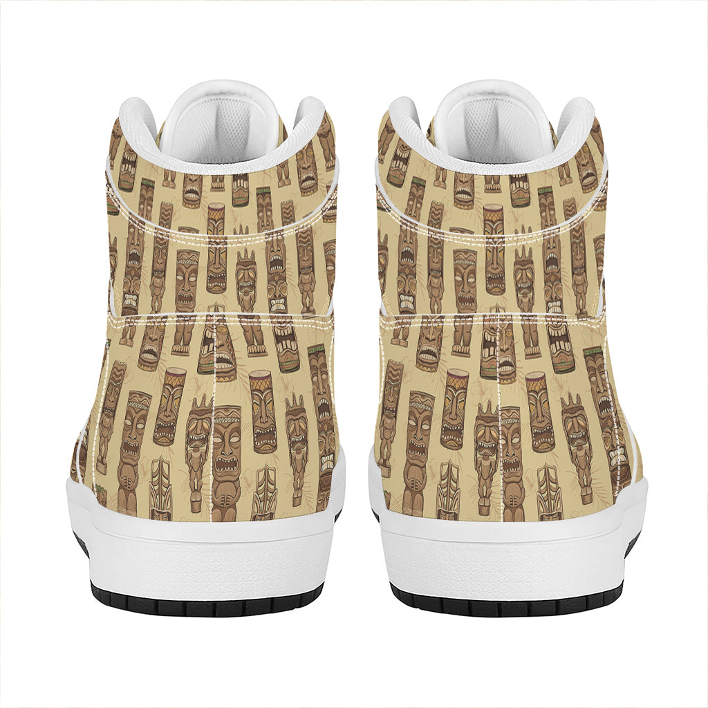 Wooden Tiki Pattern Print High Top Leather Sneakers