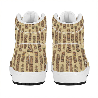 Wooden Tiki Pattern Print High Top Leather Sneakers