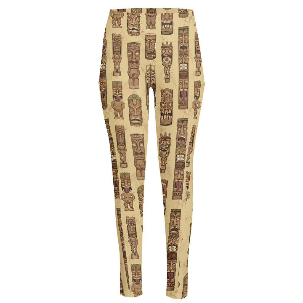 Wooden Tiki Pattern Print High-Waisted Pocket Leggings