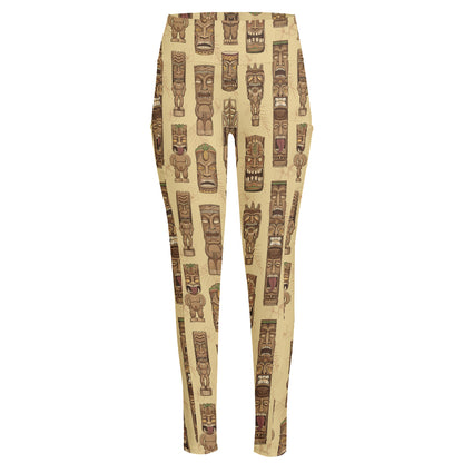 Wooden Tiki Pattern Print High-Waisted Pocket Leggings