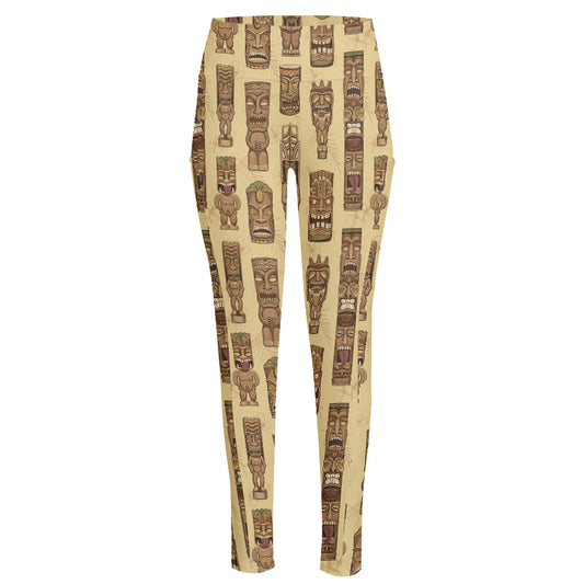 Wooden Tiki Pattern Print High-Waisted Pocket Leggings
