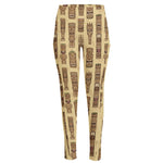 Wooden Tiki Pattern Print High-Waisted Pocket Leggings