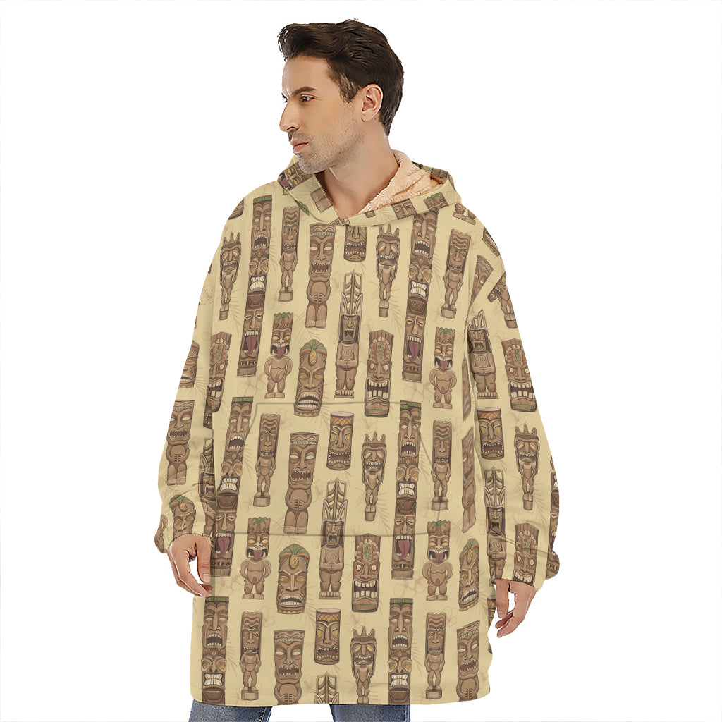 Wooden Tiki Pattern Print Hoodie Blanket