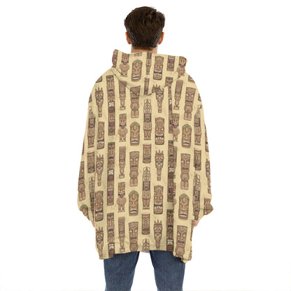 Wooden Tiki Pattern Print Hoodie Blanket