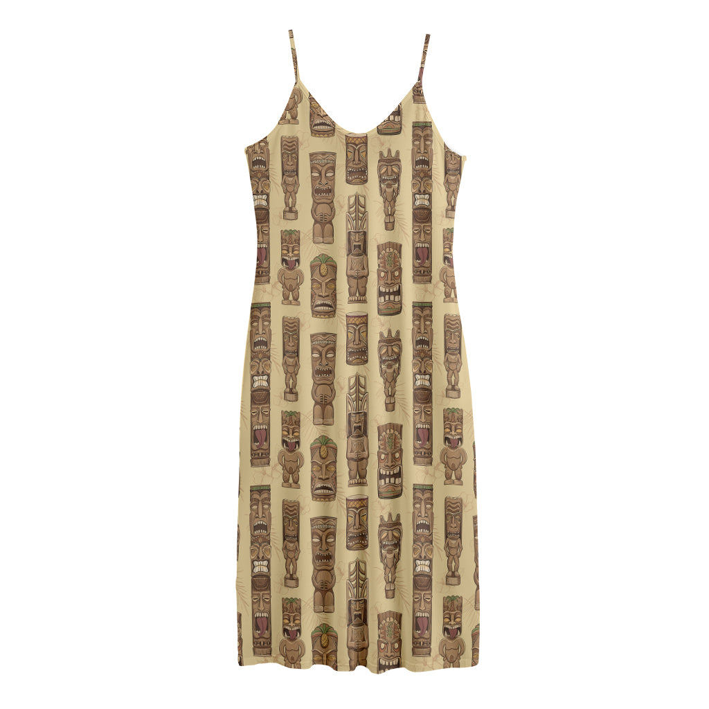 Wooden Tiki Pattern Print Jersey Midi Cami Dress