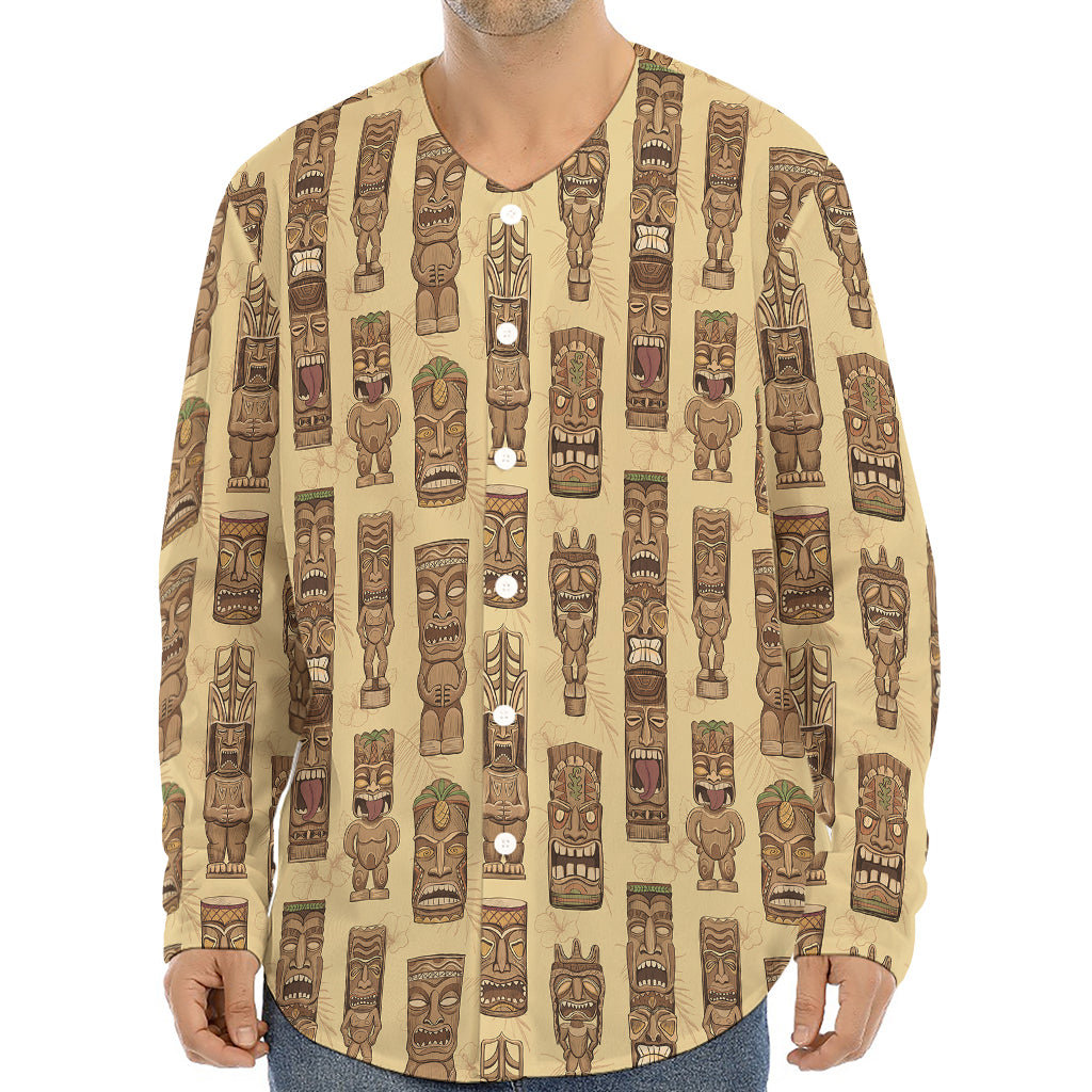 Wooden Tiki Pattern Print Long Sleeve Baseball Jersey