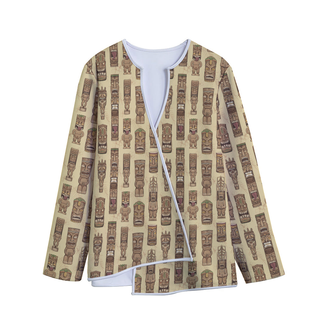 Wooden Tiki Pattern Print Long Sleeve Short Coat
