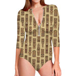 Wooden Tiki Pattern Print Long Sleeve Swimsuit