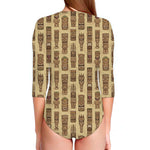 Wooden Tiki Pattern Print Long Sleeve Swimsuit