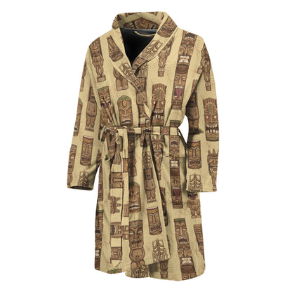 Wooden Tiki Pattern Print Men's Bathrobe