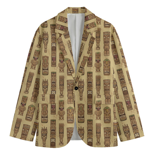 Wooden Tiki Pattern Print Men's Cotton Blazer
