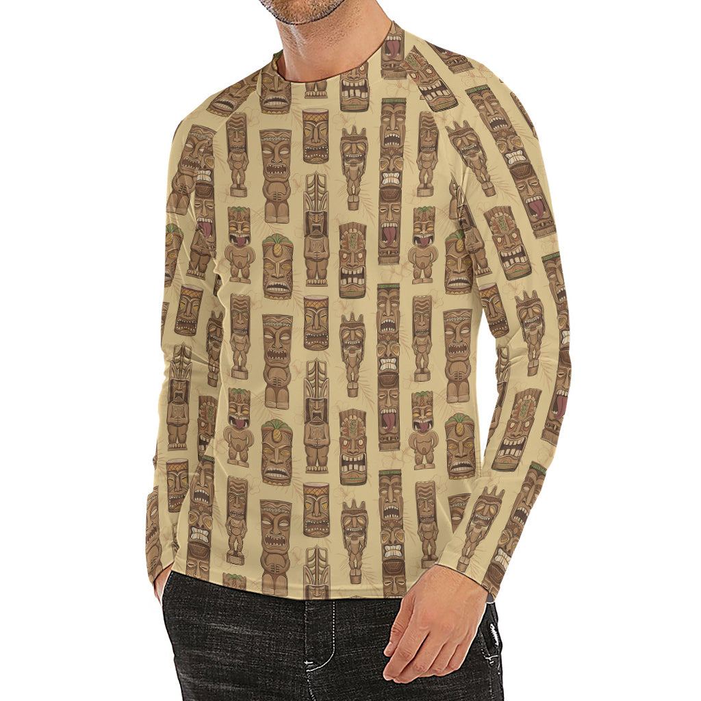 Wooden Tiki Pattern Print Men's Long Sleeve Rash Guard