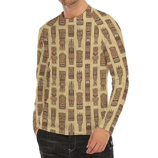 Wooden Tiki Pattern Print Men's Long Sleeve Rash Guard