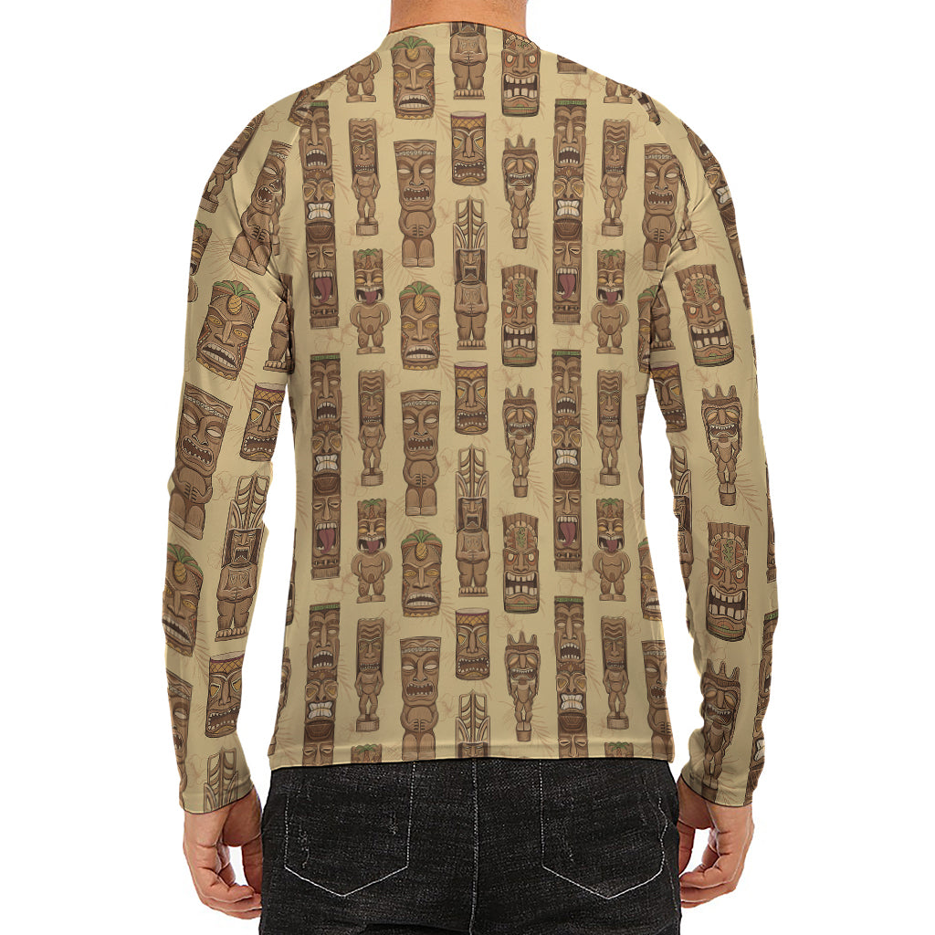 Wooden Tiki Pattern Print Men's Long Sleeve Rash Guard