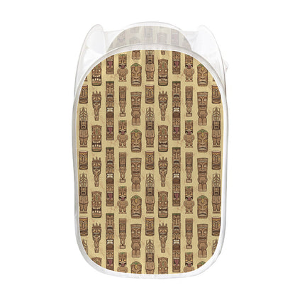 Wooden Tiki Pattern Print Mesh Laundry Hamper