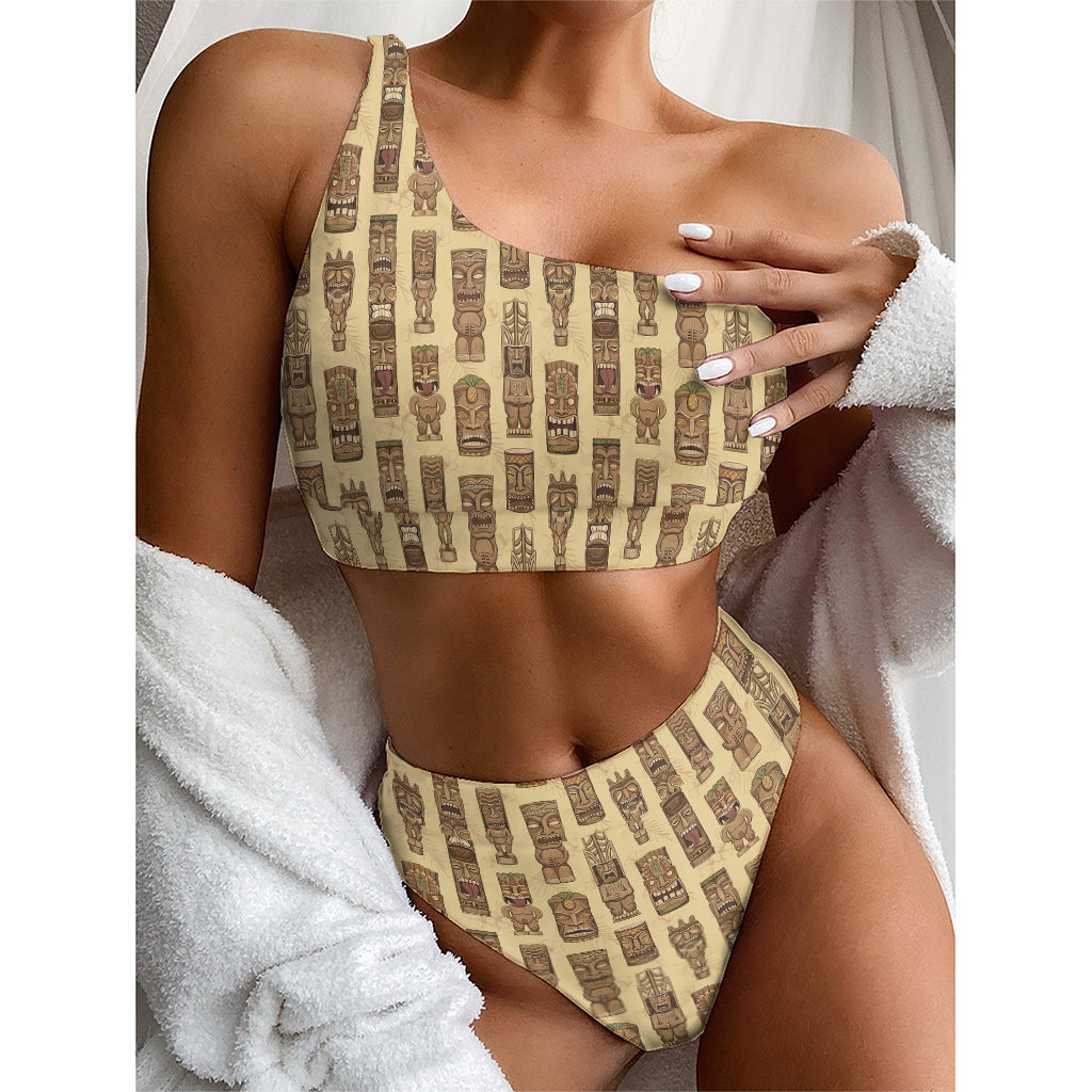 Wooden Tiki Pattern Print One Shoulder Bikini Top