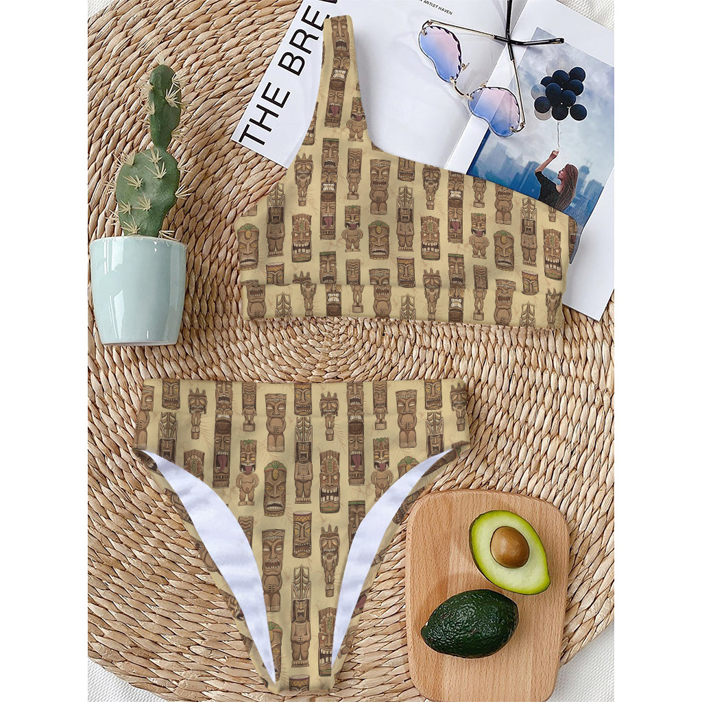 Wooden Tiki Pattern Print One Shoulder Bikini Top